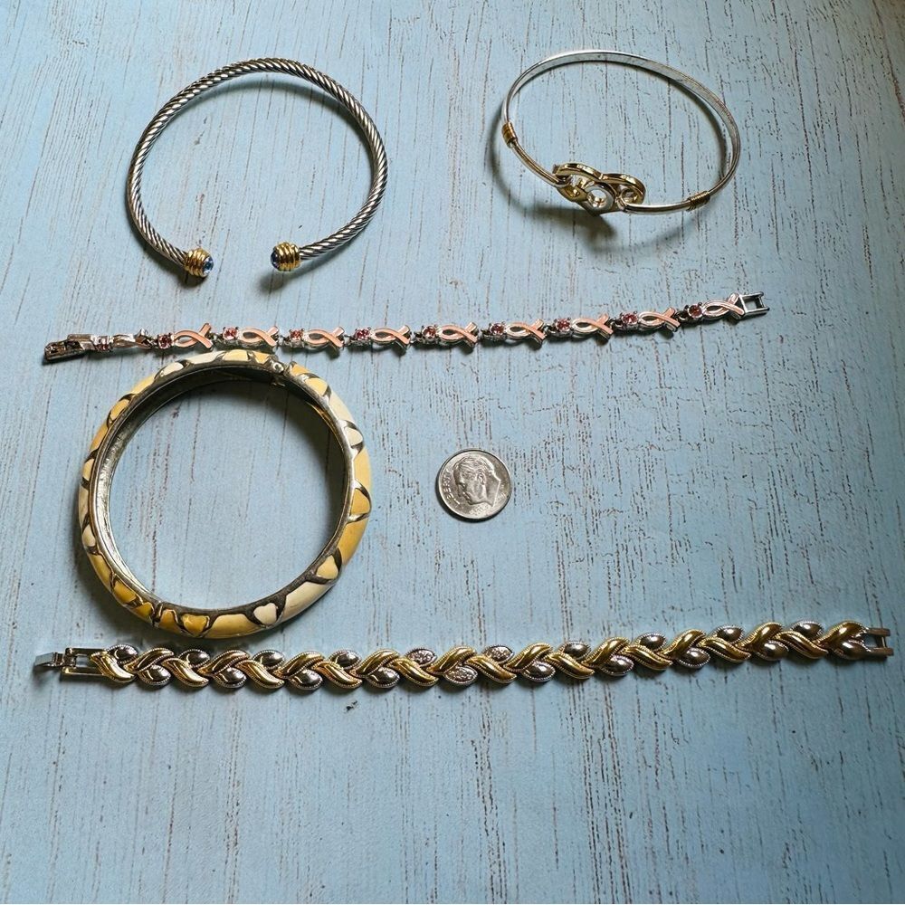 Bracelet Lot 5 Silvertone Cuff, Heart Clasp, Breast Cancer, Hinged 7.5 In.